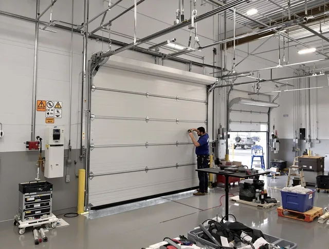 Commercial garage door repair being performed by Fountain Garage Door Repair expert in Fountain