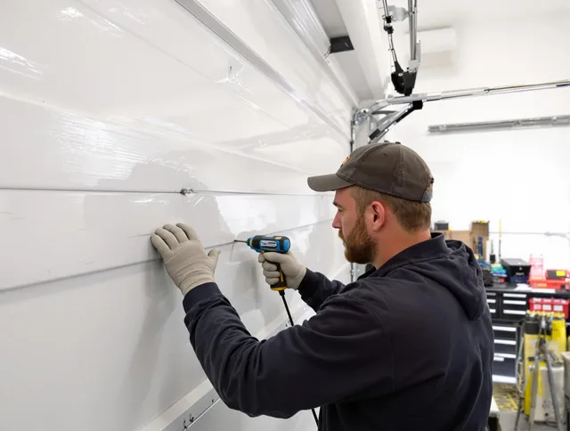 Fountain Garage Door Repair technician demonstrating precision dent removal techniques on a Fountain garage door