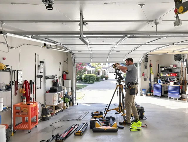 Fountain Garage Door Repair specialist performing laser-guided track alignment in Fountain